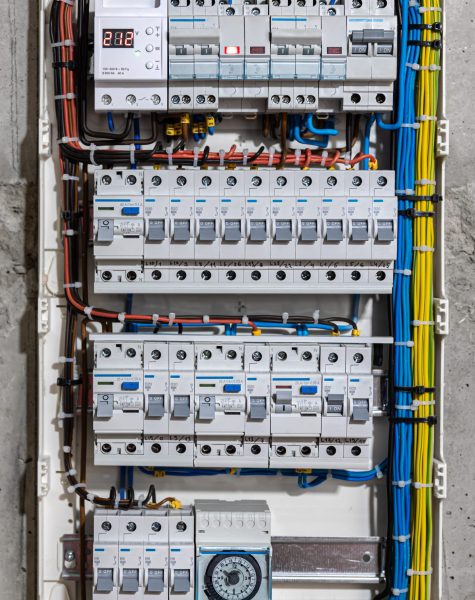 Voltage switchboard with circuit breakers are in the ON and OF positions in the big electric box for electrical distribution panel, and temporary electric cables are switched.