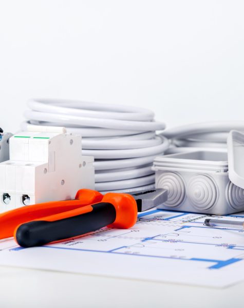 Electric different equipment, wires and tools on Electrical diagram. Components for electricity.