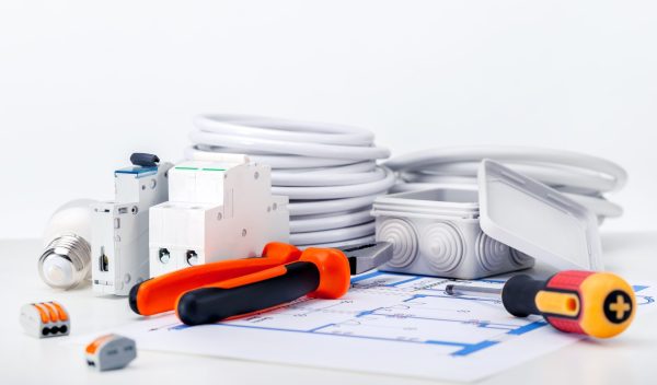 Electric different equipment, wires and tools on Electrical diagram. Components for electricity.