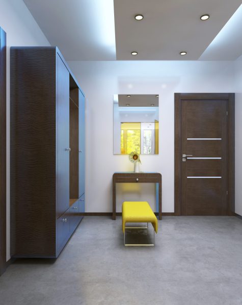 Modern lobby hallway in the contemporary style. Brown furniture, glass interior doors are yellow. 3D render.