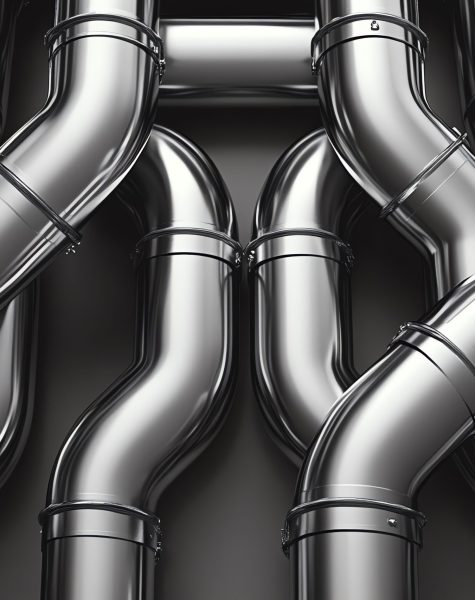 Shiny chrome pipes in a repeating pattern.